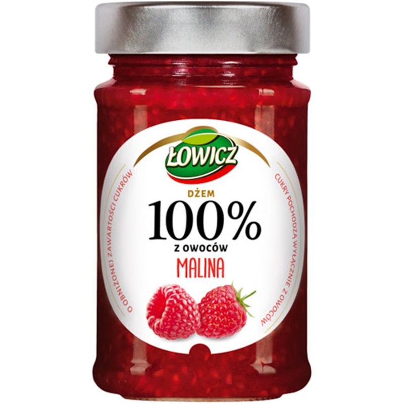 ŁOWICZ DŻEM 100% MALINA I CZERWONA PORZECZKA 210g