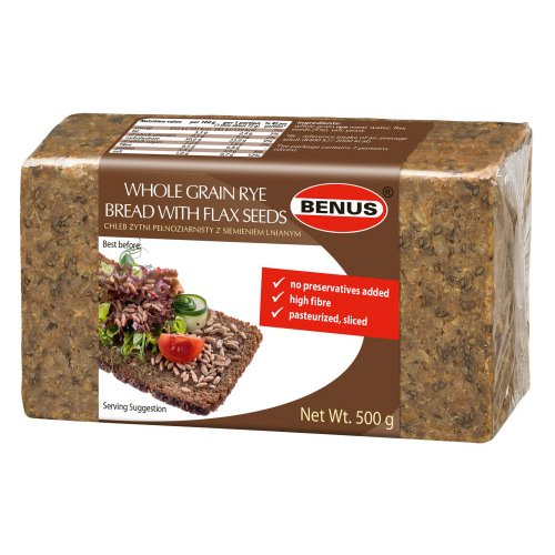 BENUS CHLEB ŻYTNI PEŁNOZIARNISTY Z SIEMIENIEM LNIANYM 500g