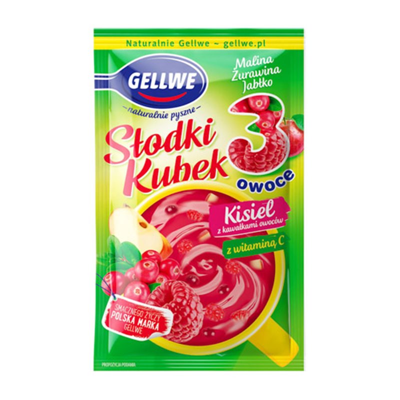 GELLWE KISIEL SŁODKI KUBEK 3 OWOCE MALINA ŻURAWINA 30g